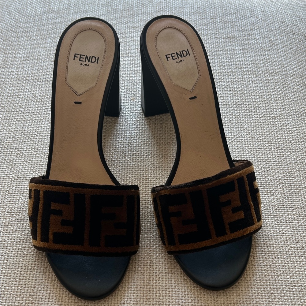 Fendi Black & Brown Logo Block Heel Mules